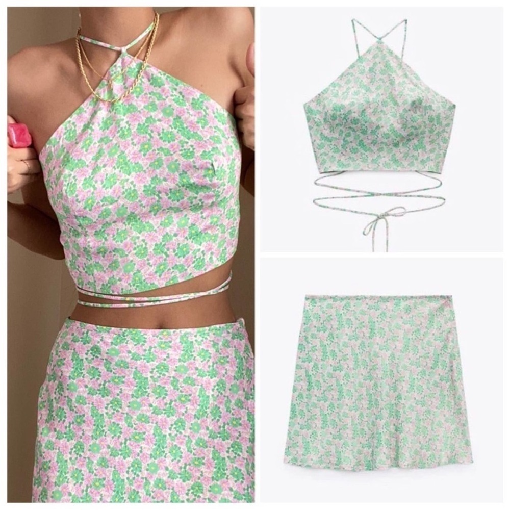 Zara floral halter crop top and mini skirt set green pink blogger favo